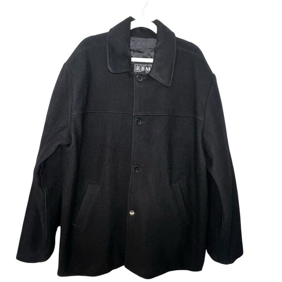 RBM OUTDOOR COLLECTION MEN BLACK‎ 100% WOOL BUTTON FRONT PEACOAT SIZE XL VINTAGE